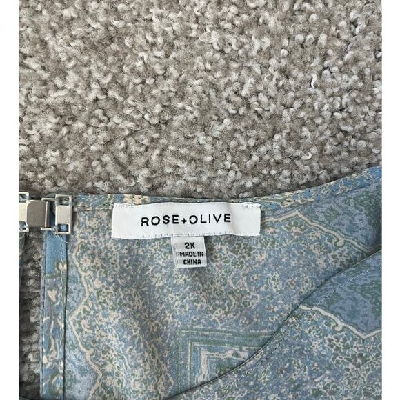 Rose + Olive Blouse Floral Blue Green Boho Lightweight Flowy Pastel Office 2X - Picture 8 of 12